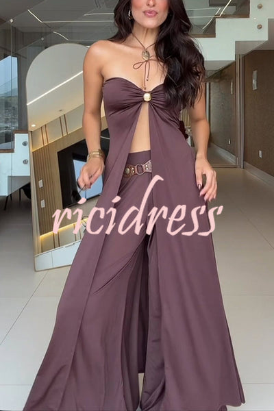 Stellah Golden Details Front Slit Midi Tube Top and Elastic Waist Wide Leg Pants Set