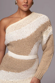 Soft Autumn Knit Colorblock One Shoulder Sleeve Ribbed Trim Loose Sweater