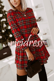 Fashionable Plaid Print Long Sleeve Round Neck Slim Fit Mini Dress