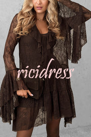 Feeling Lighthearted Lace Ruffle Neck Bell Sleeve Layered Hem A-line Mini Dress