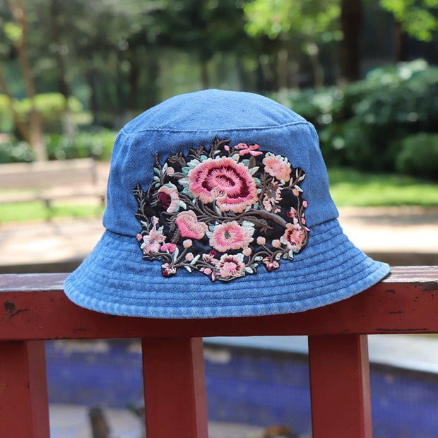 Fashionable Ethnic Style Embroidered Denim Bucket Hat