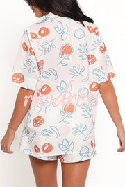 Graffiti Fruit Print Lapel Tie Short Sleeve Top and Elastic Waist Loose Pocket Shorts Set