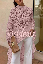 White Crochet Lace Cutout Long Sleeve  Top