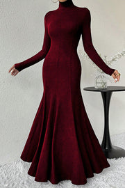 Solid Color High-neck Long-sleeved Slim-fit Fishtail Elegant Maxi Dress