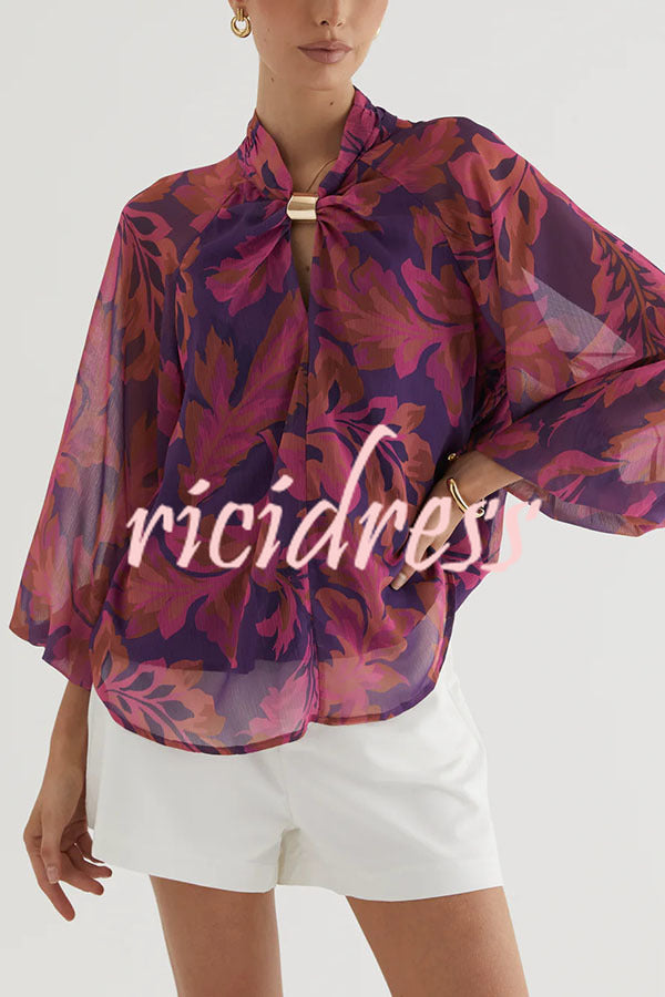 Essentials Printed Gold Cutout Collar Balloon Sleeve Blouse