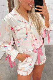 Unique Print Loose Long Sleeve Bow Tie Top and Elastic Waist Pocket Shorts Set