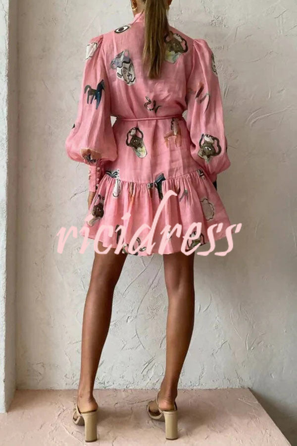Unique Print Single Breasted Balloon Sleeve Tie Waist Ruffled Mini Dress
