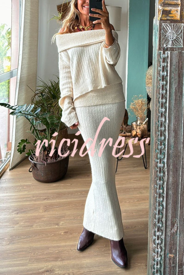 Luka Ribbed Knit Off Shoulder Long Sleeve Sweater and Stretch Maxi Skirt Set