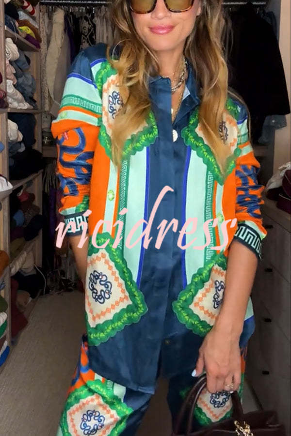 Vacation Times Satin Unique Print Button Down Oversized Blouse