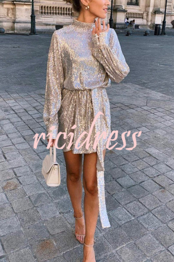 Fashionable Sequined Long-sleeved Belted Casual Mini Dress