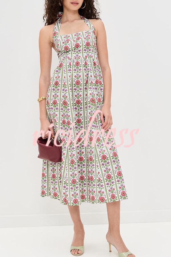 Summer Event Linen Blend Floral Pocketed Halter Maxi Dress