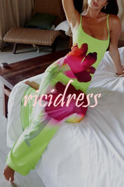 Botanical Floral Print Suspender Backless Slim Fit Slit Holiday Maxi Dress