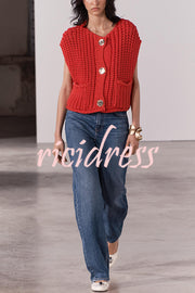 Solid Color Sleeveless Pocket Knitted Vest