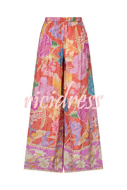 Painter's Garden Boho Floral Print  Elastic Waist Pocketed Wide Leg Pants