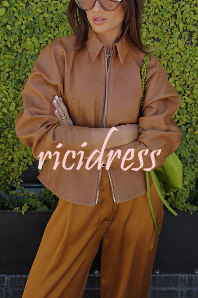 Pop of Brown Faux Leather Double Zipper Detail Balloon Sleeve Lapel Jacket