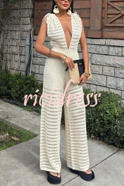 Solid Color Knitted V-neck Holiday Hollow Casual Jumpsuit