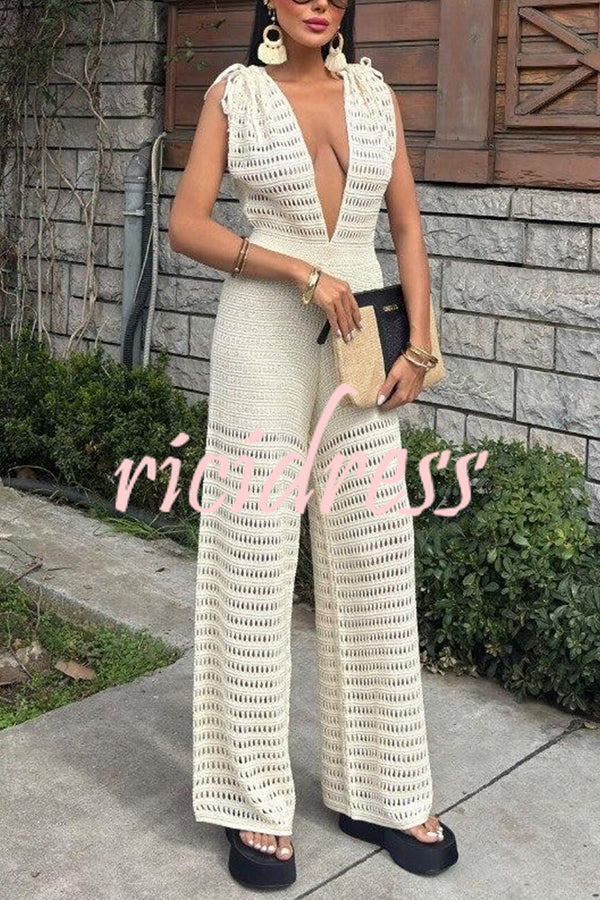 Solid Color Knitted V-neck Holiday Hollow Casual Jumpsuit