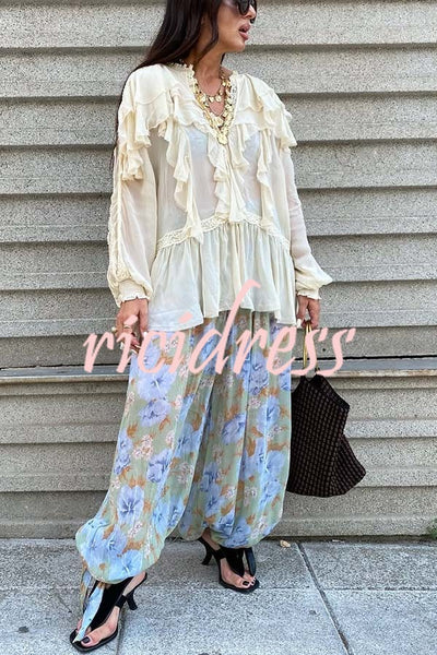 Autumn Boho Chiffon Floral Print Elastic Waist Tie-up Hem Balloon Pants
