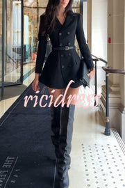 Parisian Style Double-breasted Long Sleeve Flare Hem Lapel Blazer Mini Dress