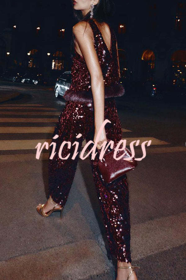 Gala Goddess Sequin High Rise Zipper Waist Wide Leg Pants