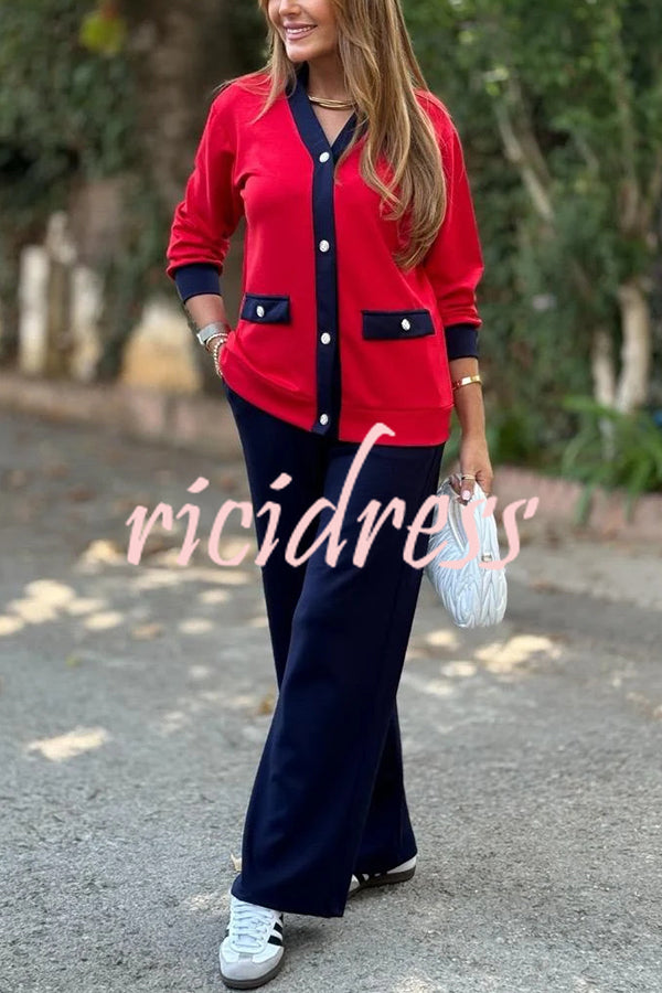 Stylish Color-blocked V-neck Knitted Button-down Cardigan and Elastic Waist Casual Wide-leg Pants Set