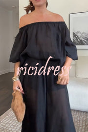 Comfortable Area Chiffon Off Shoulder Balloon Sleeve Top and Elastic Waist Knotted Bloomer Set