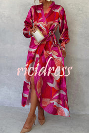 Unique Printed Long Sleeve V-neck Tie-up Waist Slit Maxi Dress