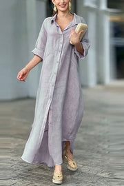 Linen Blend Solid Long Sleeve Buttoned Loose Shirt Style Maxi Dress