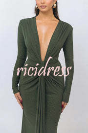 Solid Color Shiny Sexy V-neck Long Sleeve Ribbon Slit Slim Fit Maxi Dress