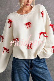 Christmas Bow Round Neck Loose Long Sleeve Knitted Sweater