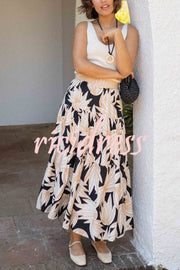 Resort Style Botanical Print Elastic Waist Loose Stitching Midi Skirt