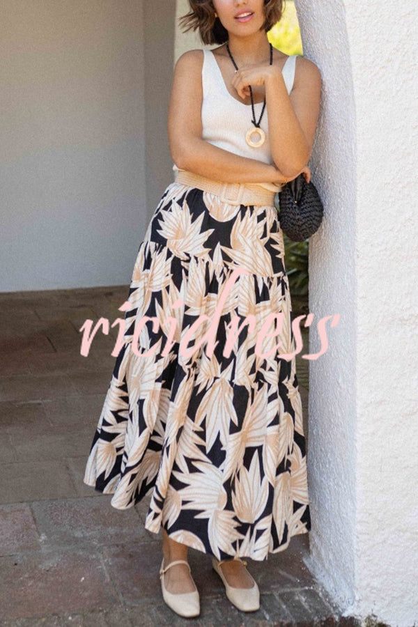 Resort Style Botanical Print Elastic Waist Loose Stitching Midi Skirt