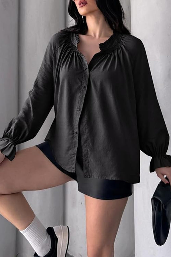 Solid Color V-neck Ruffled Lantern Sleeve Loose Casual Shirt
