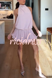Ballerina Chic High Cowl Neck Pleated Wavy Ruffles Hem Backless Mini Dress