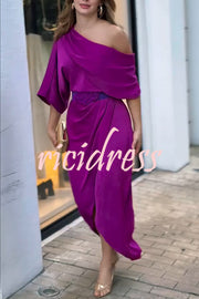 Whispered Yes Satin Irregular Lapel Neckline Design Ruched Maxi Dress
