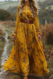 Floral Print Lapel Long-sleeved Belted Holiday Maxi Dress