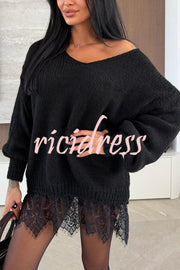 Comfy and Sweet Knit Lace Patchwork Hem Wide Neck Long Sleeve Loose Sweater