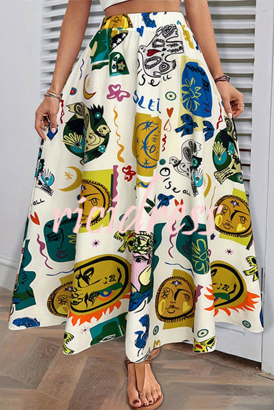 Unique Printed Elastic Waist and Large Hem Maxi Skirt