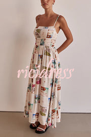 Unique Printed Sling Backless Elastic Pleated Maxi Dress