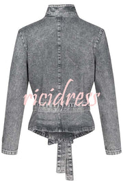 Casual Meetup Denim Stand Neck Long Sleeve Belted Loose Jacket