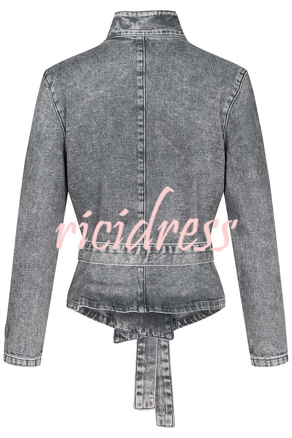 Casual Meetup Denim Stand Neck Long Sleeve Belted Loose Jacket