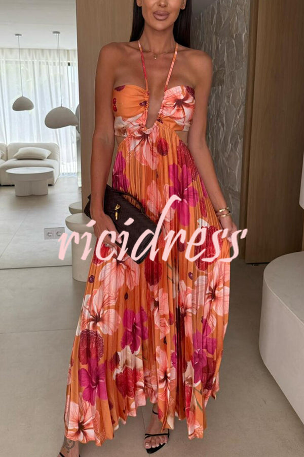 Casey Satin Floral Print Cutout Halter Back Tie-up Pleated Maxi Dress