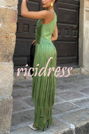 Fashion Sleeveless Halter Neck Elegant Tassel Slim Maxi Dress