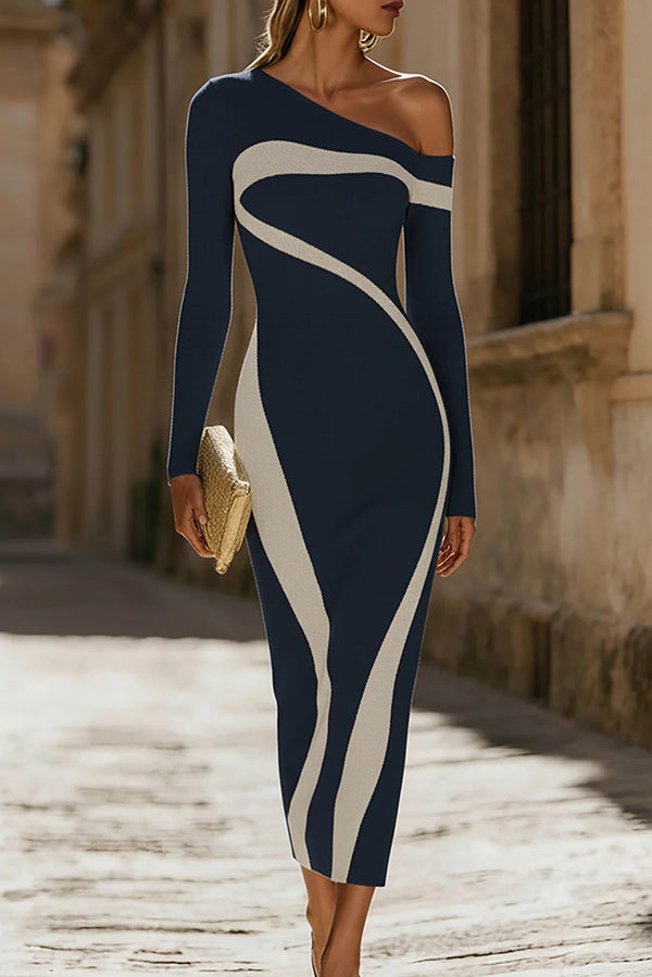 Stylish Color-blocked Long-sleeved Slim-fit Knit Maxi Dress