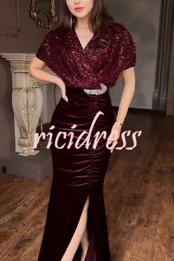 Elegant V-neck Sequined Velvet Stitching Sexy Slit Maxi Dress