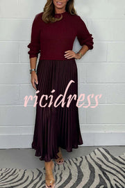 Stylish Knitted Round Neck Long Sleeve Patchwork Pleated Hem Maxi Dress