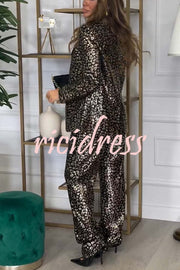 Mona Leopard Metallic Fabric Lapel Boyfriend Blazer and Elastic Waist Pocketed Loose Pants Set