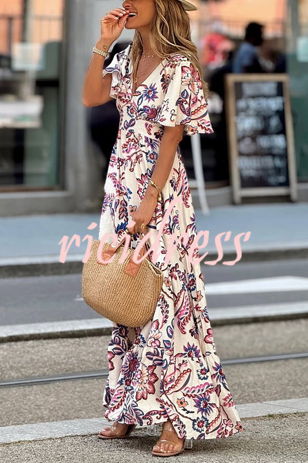 Unique Print V-Neck Waist Holiday Maxi Dress