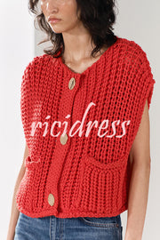 Solid Color Sleeveless Pocket Knitted Vest