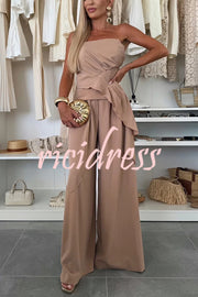 Elegant Solid Color Asymmetric Ruffles Bandeau Top and High Waist Wide Leg Pants Set